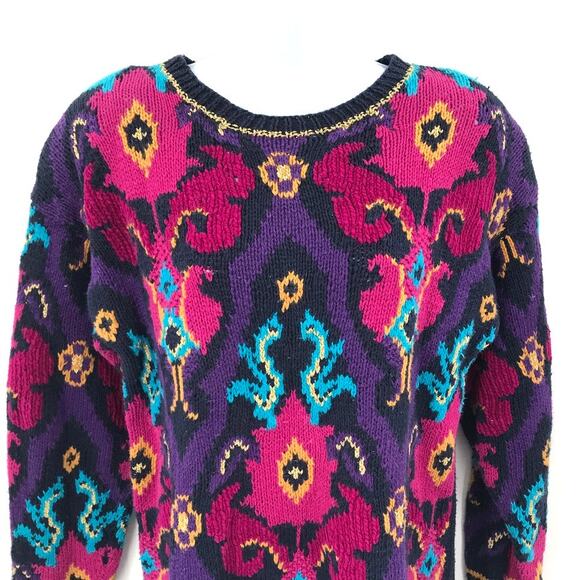 Preferred Classix Vintage Hand Knitted Pullover Sweater Bold Floral Print Gold M - Picture 2 of 9